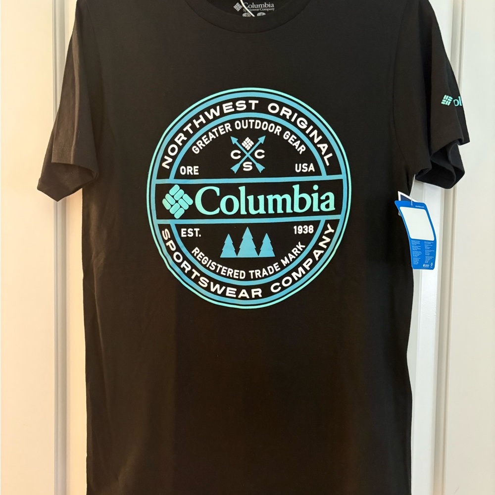 Columbia Men's Black Tee with Aqua Logo-NWT (S)